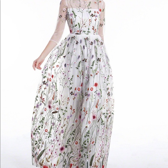 Embroidered flower sheer Maxi Dress (off white) - Picture 1 of 11